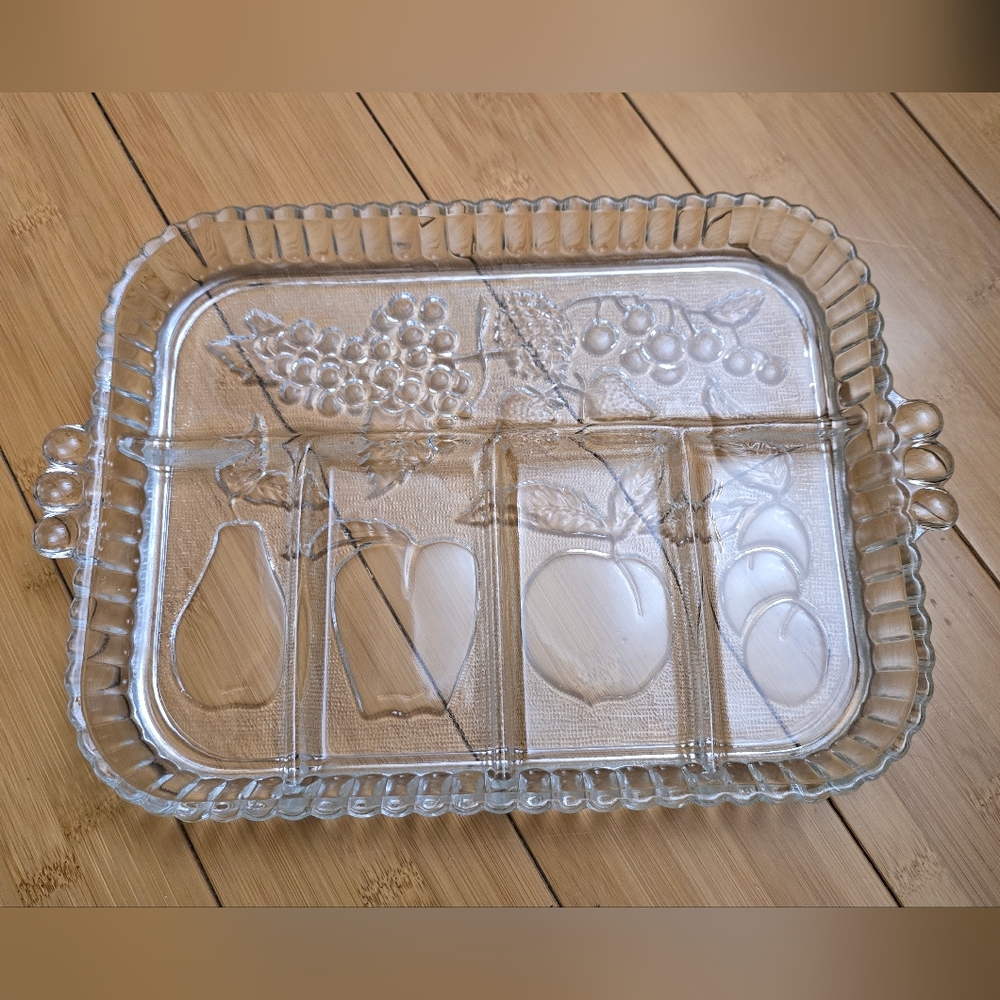 Vintage Indiana Glass Serving Tray Fruit Platter Divided Dish 11"x9"